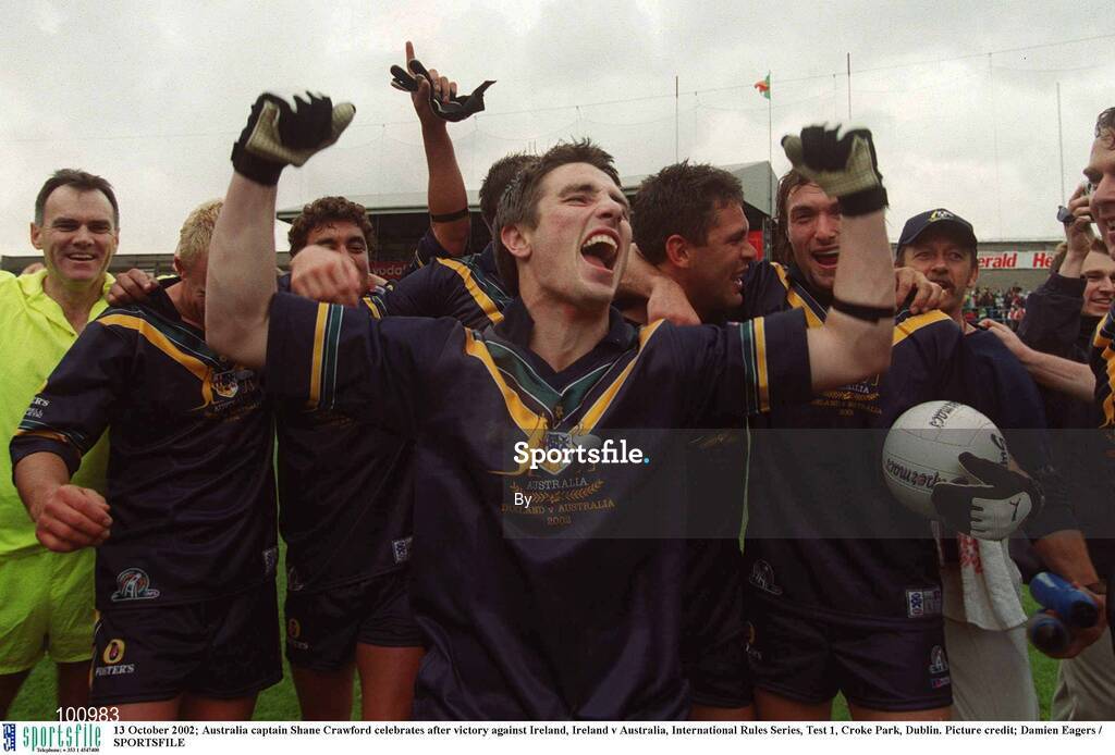 13 October 2002; Australia captain Shane Crawford celebrates after victory against Ireland, Ireland v Australia, International Rules Series, Test 1, Croke Park, Dublin. Picture credit; Damien Eagers / SPORTSFILE