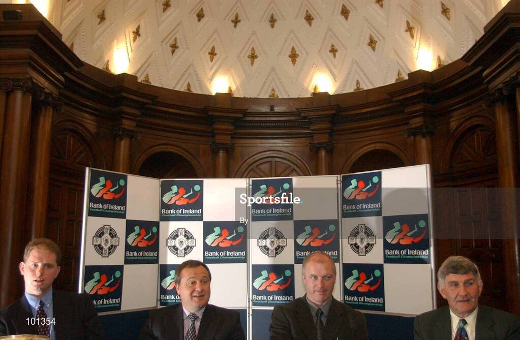 10 July 2002; Pictured at a press conference ahead of the Munster and Leinster Football Finals are, from l-r; Tipperary Manager, Tom McGlinchey, Dublin Manager, Tommy Lyons, Cork Manager, Larry Tompkins and Kildare Manager, Mick O'Dwyer. The House of Lords, College Green, Dublin. Picture credit; Aoife Rice / SPORTSFILE  *EDI*
