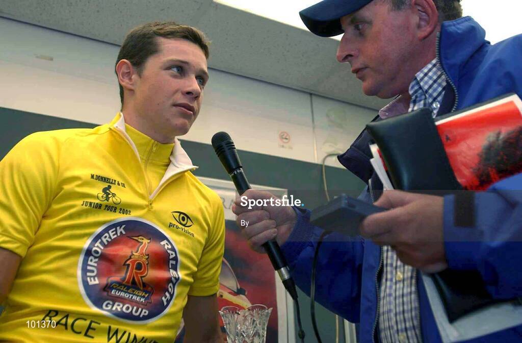 11 August 2002; Nicolas Roche, from the Stephen Roche Team is interviewed by local radio after winning the Martin Donnelly Junior Tour, Waterford City, Co. Waterford. Cycling. Picture credit; Matt Browne / SPORTSFILE *EDI*