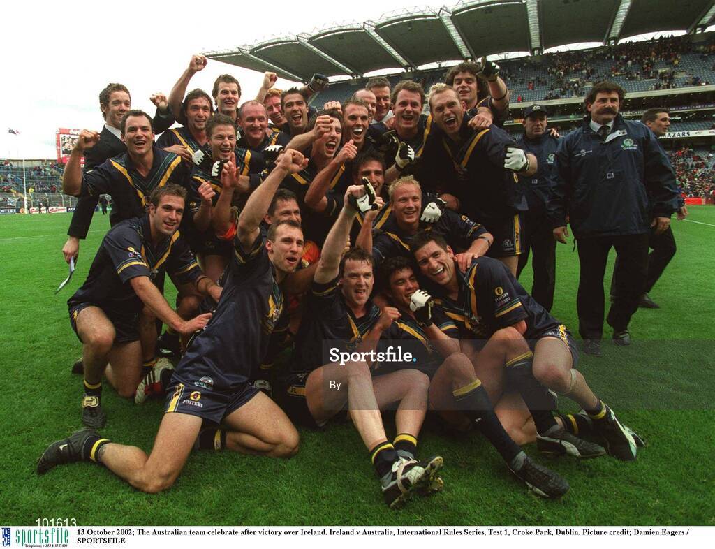 13 October 2002; The Australian team celebrate after victory over Ireland. Ireland v Australia, International Rules Series, Test 1, Croke Park, Dublin. Picture credit; Damien Eagers / SPORTSFILE