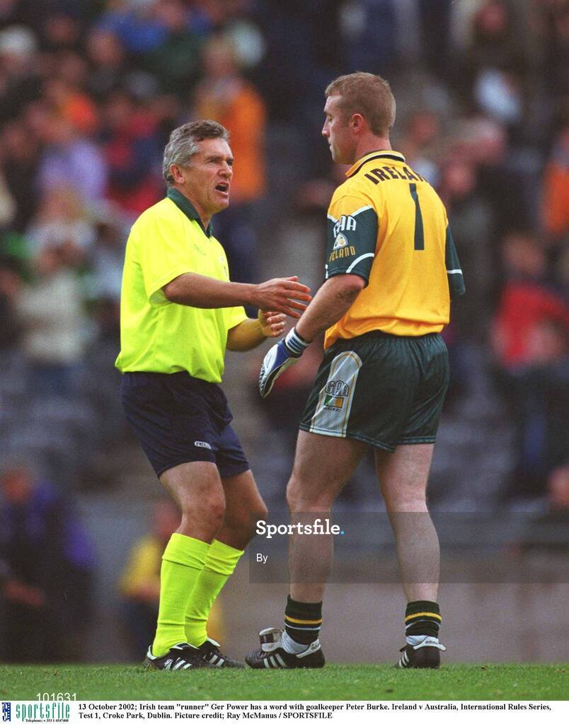 13 October 2002; Irish team "runner" Ger Power has a word with goalkeeper Peter Burke. Ireland v Australia, International Rules Series, Test 1, Croke Park, Dublin. Picture credit; Ray McManus / SPORTSFILE