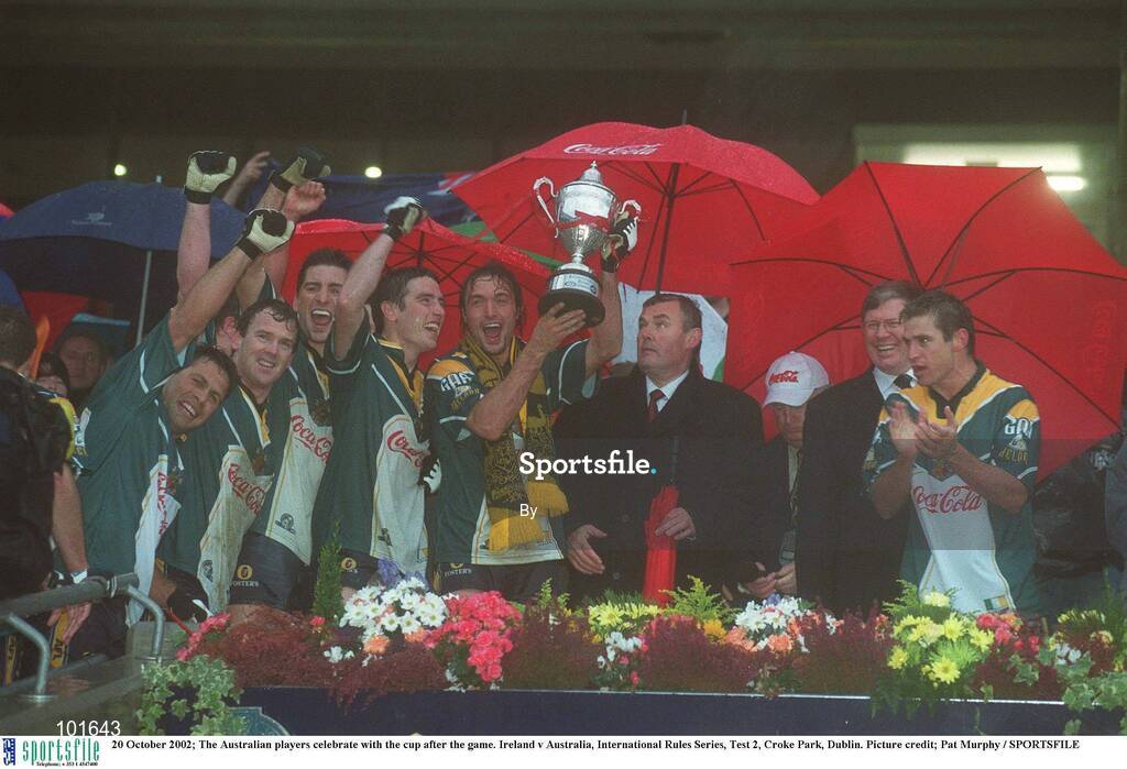 20 October 2002; The Australian players celebrate with the cup after the game. Ireland v Australia, International Rules Series, Test 2, Croke Park, Dublin. Picture credit; Pat Murphy / SPORTSFILE