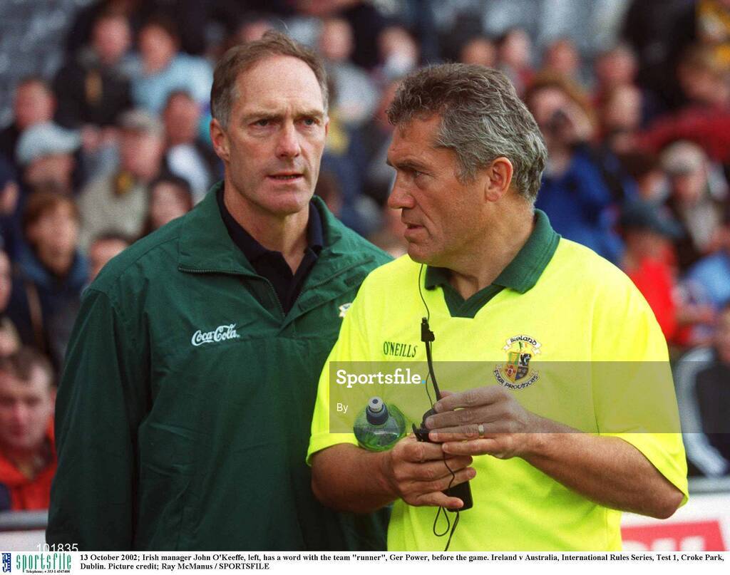 13 October 2002; Irish manager John O'Keeffe, left, has a word with the team "runner", Ger Power, before the game. Ireland v Australia, International Rules Series, Test 1, Croke Park, Dublin. Picture credit; Ray McManus / SPORTSFILE