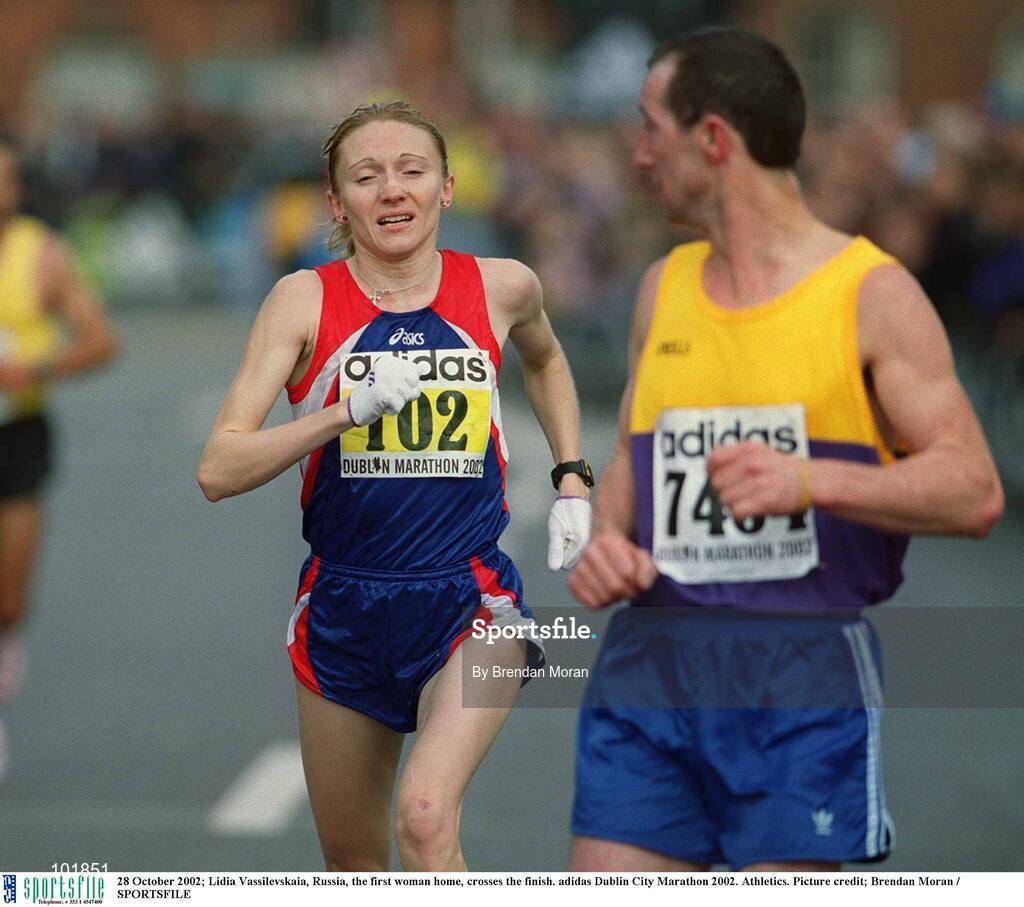 28 October 2002; Lidia Vassilevskaia, Russia, the first woman home, crosses the finish. adidas Dublin City Marathon 2002. Athletics. Picture credit; Brendan Moran / SPORTSFILE