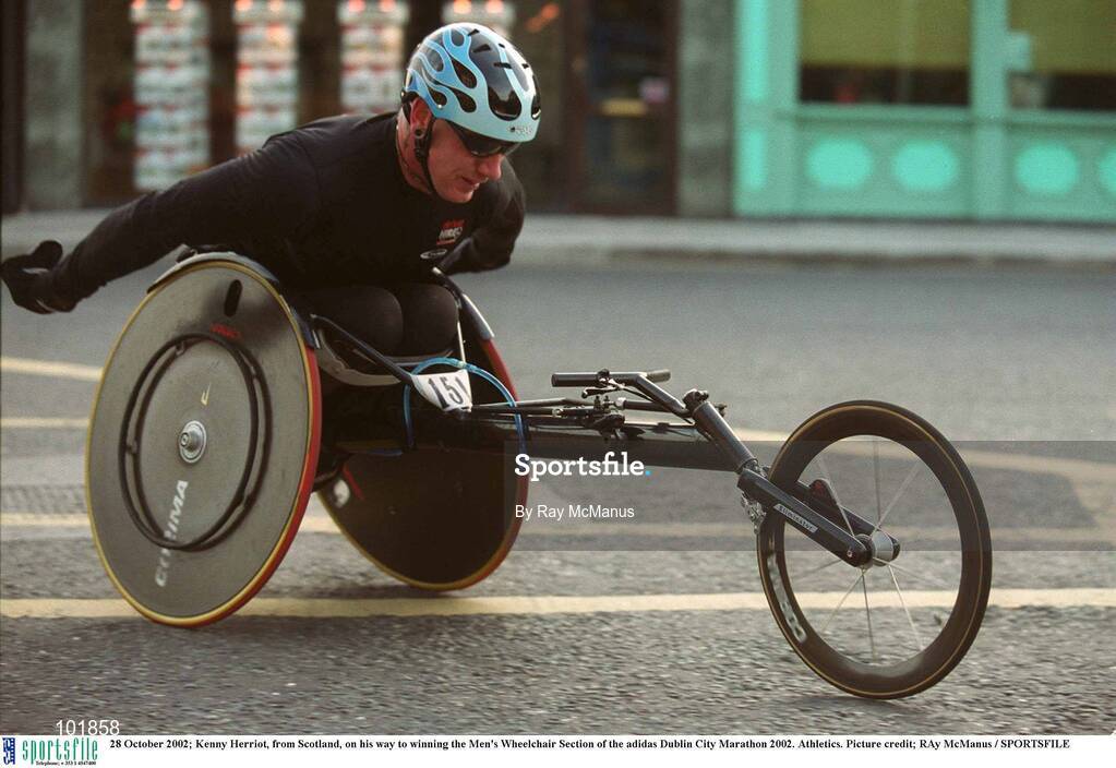 28 October 2002; Kenny Herriot, from Scotland, on his way to winning the Men's Wheelchair Section of the adidas Dublin City Marathon 2002. Athletics. Picture credit; Ray McManus / SPORTSFILE
