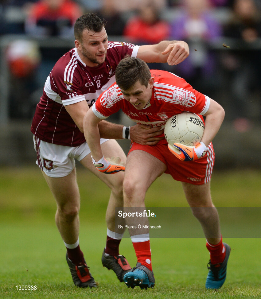 8 October 2017; Gavin Kelly of Abbeylara in action against Aidan McElligott of Mullinalaghta St Columba's during the Longford County Senior Football Championship Final match between Abbeylara and Mullinalaghta St Columba's at Glennon Brothers Pearse Park in Longford. Photo by Piaras Ó Mídheach/Sportsfile
