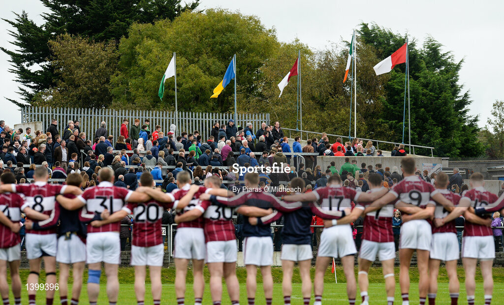 8 October 2017; Supporters and Mullinalaghta St Columba players stand for the National Anthem before the Longford County Senior Football Championship Final match between Abbeylara and Mullinalaghta St Columba's at Glennon Brothers Pearse Park in Longford. Photo by Piaras Ó Mídheach/Sportsfile