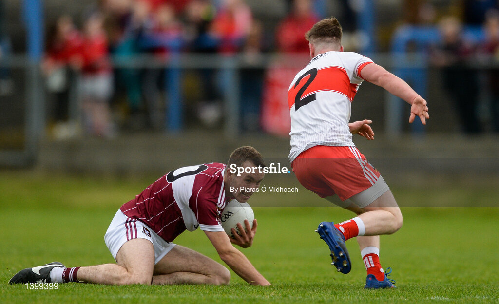 8 October 2017; David McGivney of Mullinalaghta St Columba's in action against Cian Brady of Abbeylara during the Longford County Senior Football Championship Final match between Abbeylara and Mullinalaghta St Columba's at Glennon Brothers Pearse Park in Longford. Photo by Piaras Ó Mídheach/Sportsfile
