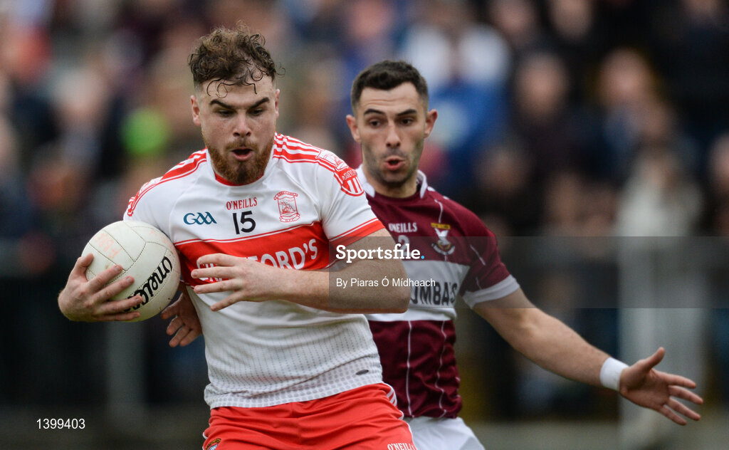 8 October 2017; Connor Berry of Abbeylara in action against Simon Cadam of Mullinalaghta St Columba's during the Longford County Senior Football Championship Final match between Abbeylara and Mullinalaghta St Columba's at Glennon Brothers Pearse Park in Longford. Photo by Piaras Ó Mídheach/Sportsfile