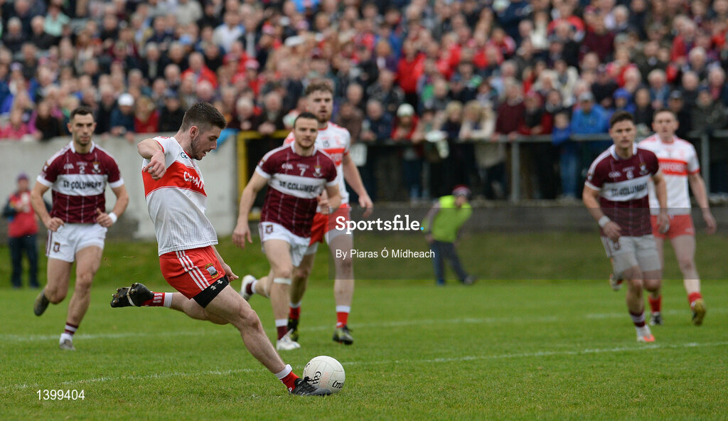 8 October 2017; Robbie Smyth of Abbeylara scores his side's first goal from a penalty, during the Longford County Senior Football Championship Final match between Abbeylara and Mullinalaghta St Columba's at Glennon Brothers Pearse Park in Longford. Photo by Piaras Ó Mídheach/Sportsfile