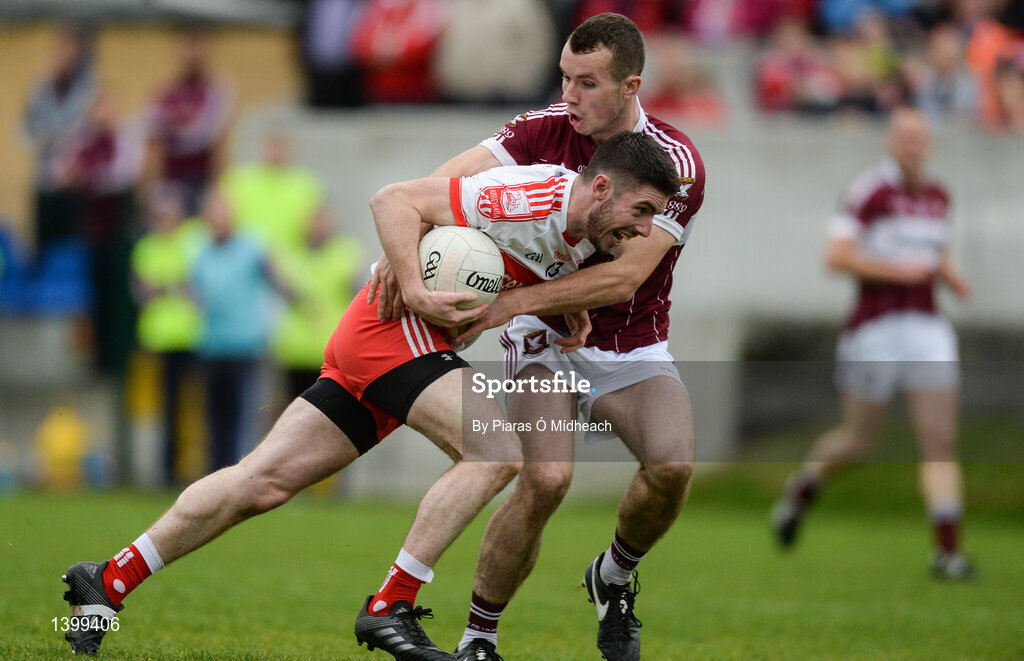 8 October 2017; Robbie Smyth of Abbeylara in action against David McGivney of Mullinalaghta St Columba's during the Longford County Senior Football Championship Final match between Abbeylara and Mullinalaghta St Columba's at Glennon Brothers Pearse Park in Longford. Photo by Piaras Ó Mídheach/Sportsfile