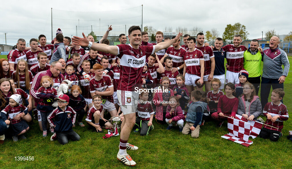 8 October 2017; Mullinalaghta St Columba's captain Shane Mulligan celebrates after the Longford County Senior Football Championship Final match between Abbeylara and Mullinalaghta St Columba's at Glennon Brothers Pearse Park in Longford. Photo by Piaras Ó Mídheach/Sportsfile