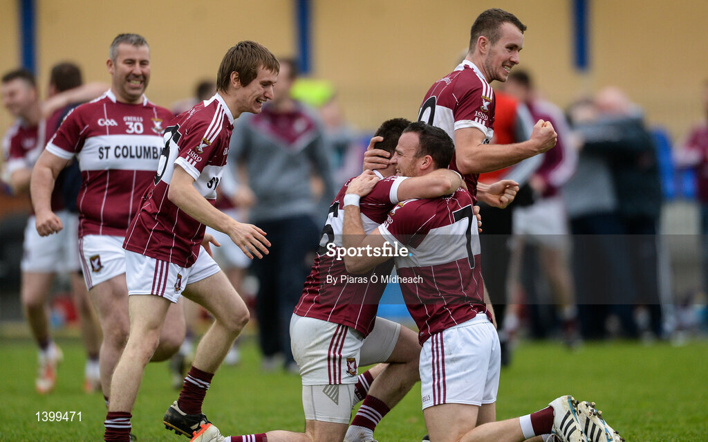 8 October 2017; Mullinalaghta St Columba's captain Shane Mulligan, front left, celebrates with team-mate Dónal McElligott after the Longford County Senior Football Championship Final match between Abbeylara and Mullinalaghta St Columba's at Glennon Brothers Pearse Park in Longford. Photo by Piaras Ó Mídheach/Sportsfile