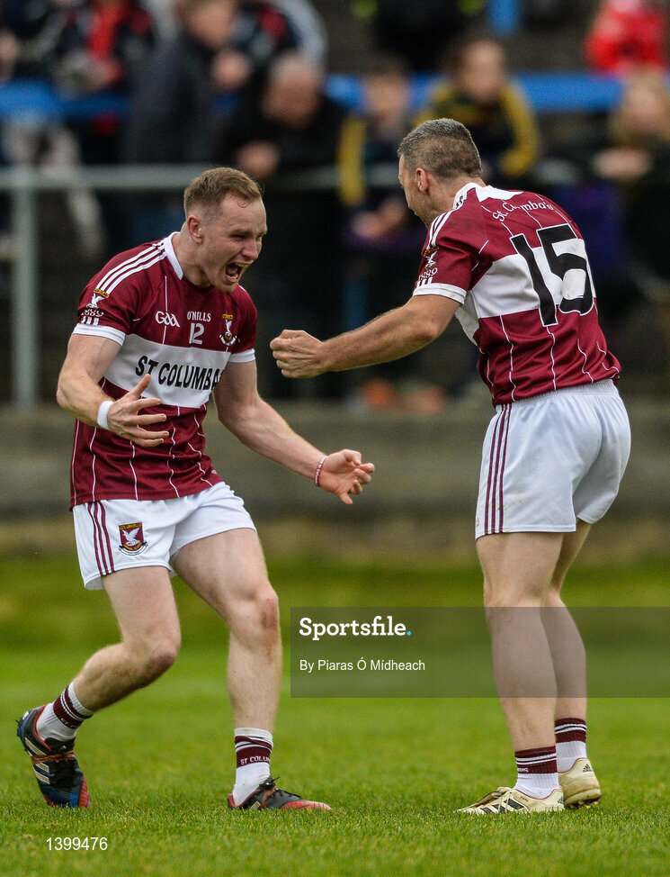 8 October 2017; Gary Rogers, left, and Conor McElligott of Mullinalaghta St Columba's celebrate after the Longford County Senior Football Championship Final match between Abbeylara and Mullinalaghta St Columba's at Glennon Brothers Pearse Park in Longford. Photo by Piaras Ó Mídheach/Sportsfile