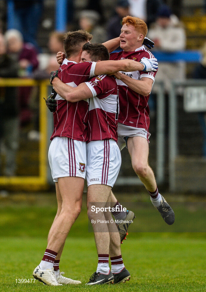 8 October 2017; Mullinalaghta St Columba's players, from left, John Keegan, Francis Mulligan and Jayson Matthews celebrate after the Longford County Senior Football Championship Final match between Abbeylara and Mullinalaghta St Columba's at Glennon Brothers Pearse Park in Longford. Photo by Piaras Ó Mídheach/Sportsfile