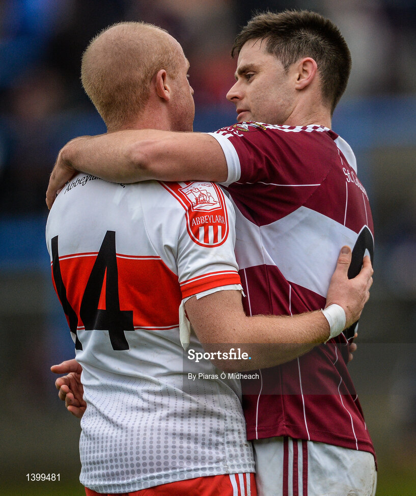 8 October 2017; Mullinalaghta St Columba's captain Shane Mulligan, right, consoles Padraig Berry of Abbeylara after the Longford County Senior Football Championship Final match between Abbeylara and Mullinalaghta St Columba's at Glennon Brothers Pearse Park in Longford. Photo by Piaras Ó Mídheach/Sportsfile