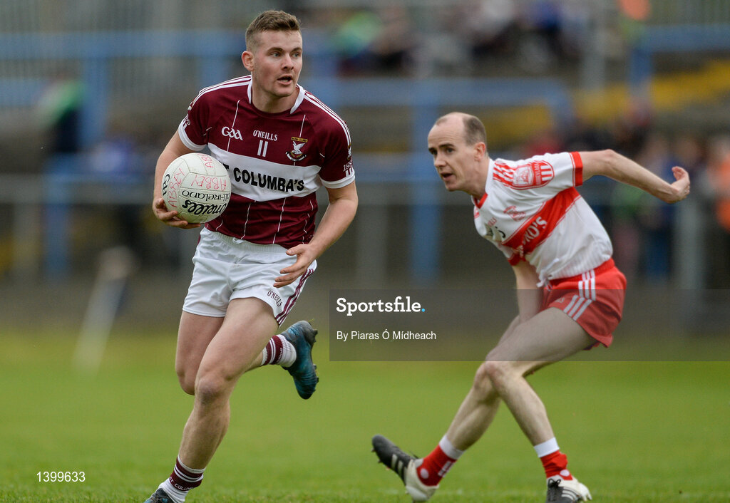 8 October 2017; James McGivney of Mullinalaghta St Columba's in action against Cormac Smyth of Abbeylara during the Longford County Senior Football Championship Final match between Abbeylara and Mullinalaghta St Columba's at Glennon Brothers Pearse Park in Longford. Photo by Piaras Ó Mídheach/Sportsfile
