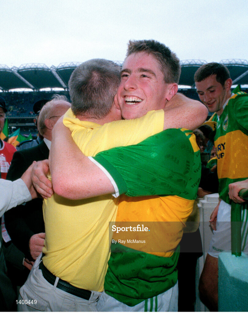 28 September 1997; Darragh O Sé celebrtates with his uncle, and Kerry manager, Páidí O Sé after the GAA Football All-Ireland Senior Championship Final match between Kerry and Mayo at Croke Park in Dublin. Photo by Ray McManus/Sportsfile