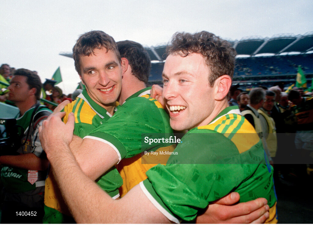 28 September 1997; Maurice Fitzgerald, left, and Seamus Moynihan of Kerry celebrate after the GAA Football All-Ireland Senior Championship Final match between Kerry and Mayo at Croke Park in Dublin. Photo by Ray McManus/Sportsfile