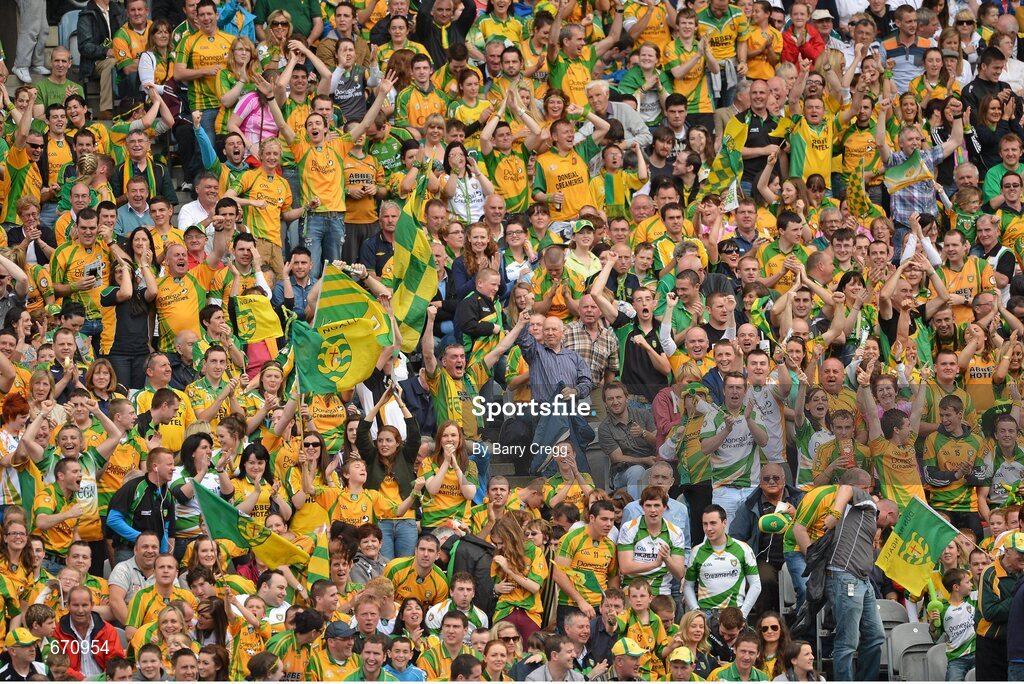 5 August 2012; Donegal fans celebrate after Colm McFadden scored his side's first goal. GAA Football All-Ireland Senior Championship Quarter-Final, Donegal v Kerry, Croke Park, Dublin. Picture credit: Barry Cregg / SPORTSFILE
