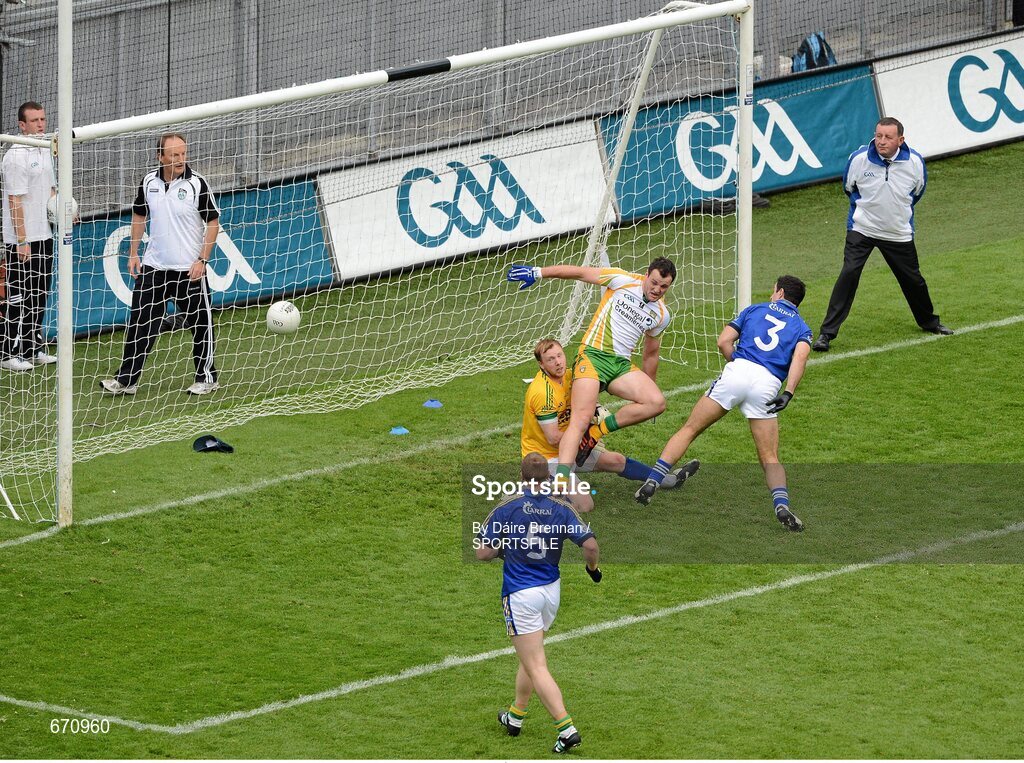 5 August 2012; Colm McFadden's line ball goes past team-mate Michael Murphy, Kerry goalkeeper Brendan Kealy, and Kerry backs Tomás î SŽ, left, and Aidan O'Mahony, and ends up in the Kerry net. GAA Football All-Ireland Senior Championship Quarter-Final, Donegal v Kerry, Croke Park, Dublin. Picture credit: Dáire Brennan / SPORTSFILE