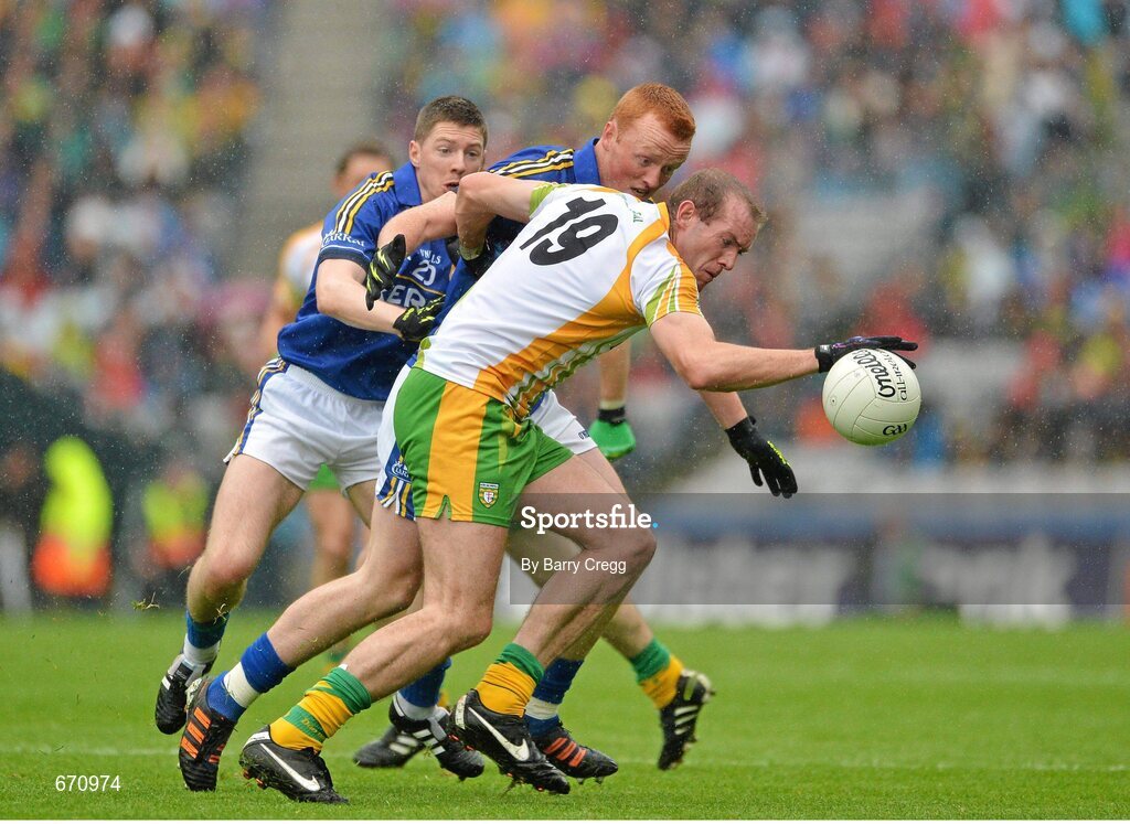 5 August 2012; Neil Gallagher, Donegal, in action against Johnny Buckley, centre, and Kieran O'Leary, left, Kerry. GAA Football All-Ireland Senior Championship Quarter-Final, Donegal v Kerry, Croke Park, Dublin. Picture credit: Barry Cregg / SPORTSFILE