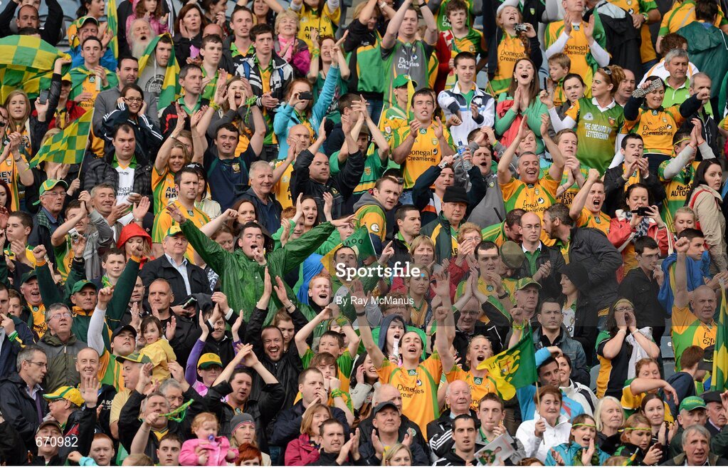 5 August 2012; Donegal supporters, in the Cusack Stand, cheer the team off the field. GAA Football All-Ireland Senior Championship Quarter-Final, Donegal v Kerry, Croke Park, Dublin. Picture credit: Ray McManus / SPORTSFILE