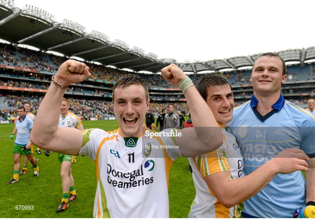 5 August 2012; Donegal's Leo McLoone, 11, Paddy McGrath and Neil McGee, right, celebrate after the final whistle. GAA Football All-Ireland Senior Championship Quarter-Final, Donegal v Kerry, Croke Park, Dublin. Picture credit: Ray McManus / SPORTSFILE
