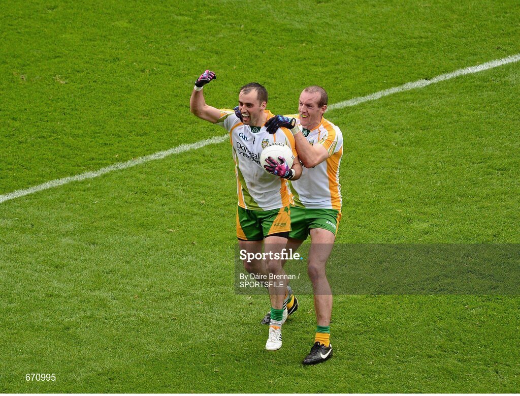 5 August 2012; Karl Lacey, left, and Neil Gallagher, Donegal, celebrate after the game. GAA Football All-Ireland Senior Championship Quarter-Final, Donegal v Kerry, Croke Park, Dublin. Picture credit: Dáire Brennan / SPORTSFILE