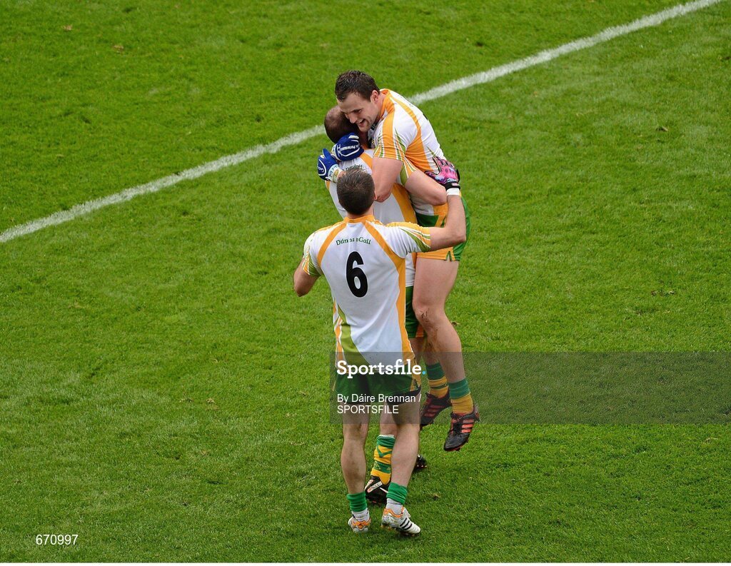 5 August 2012; Donegal players, left to right, Karl Lacey, Neil Gallagher, and Michael Murphy, celebrate after the game. GAA Football All-Ireland Senior Championship Quarter-Final, Donegal v Kerry, Croke Park, Dublin. Picture credit: Dáire Brennan / SPORTSFILE