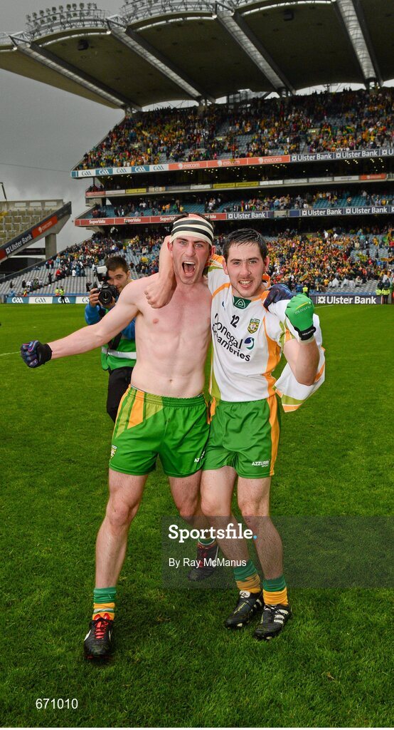 5 August 2012; Donegal players Patrick McBrearty, who celebrates his 19th birthday today, and Mark McHugh celebrate after the final whistle. GAA Football All-Ireland Senior Championship Quarter-Final, Donegal v Kerry, Croke Park, Dublin. Picture credit: Ray McManus / SPORTSFILE