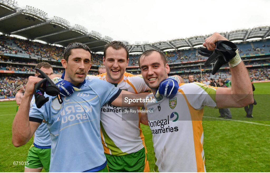 5 August 2012; Donegal players Rory Kavanagh, left, captain Michael Murphy, and Karl Lacey celebrate victory. GAA Football All-Ireland Senior Championship Quarter-Final, Donegal v Kerry, Croke Park, Dublin. Picture credit: Ray McManus / SPORTSFILE