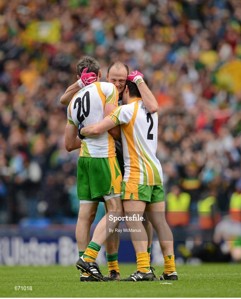 5 August 2012; Donegal players Christy Toye, left, goalscorer Colm McFadden and corner back Paddy McGrath celebrate victory. GAA Football All-Ireland Senior Championship Quarter-Final, Donegal v Kerry, Croke Park, Dublin. Picture credit: Ray McManus / SPORTSFILE