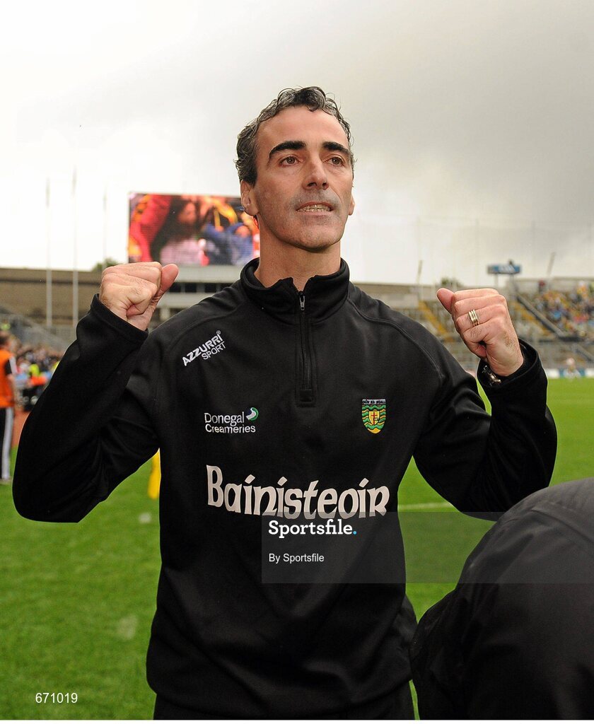 5 August 2012; Donegal manager Jim McGuinness celebrates after the game. GAA Football All-Ireland Senior Championship Quarter-Final, Donegal v Kerry, Croke Park, Dublin. Photo by Sportsfile