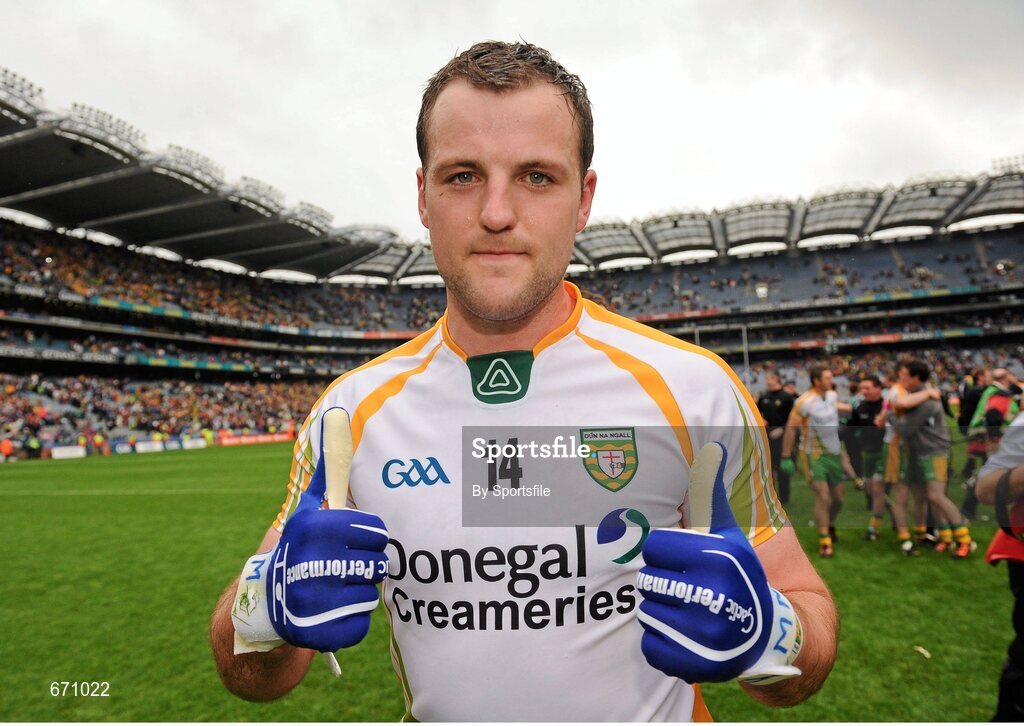 5 August 2012; Donegal captain Michael Murphy celebrates after the game. GAA Football All-Ireland Senior Championship Quarter-Final, Donegal v Kerry, Croke Park, Dublin. Photo by Sportsfile