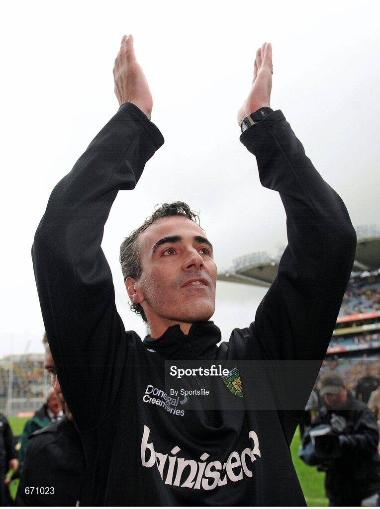 5 August 2012; Donegal manager Jim McGuinness celebrates after the game. GAA Football All-Ireland Senior Championship Quarter-Final, Donegal v Kerry, Croke Park, Dublin. Photo by Sportsfile