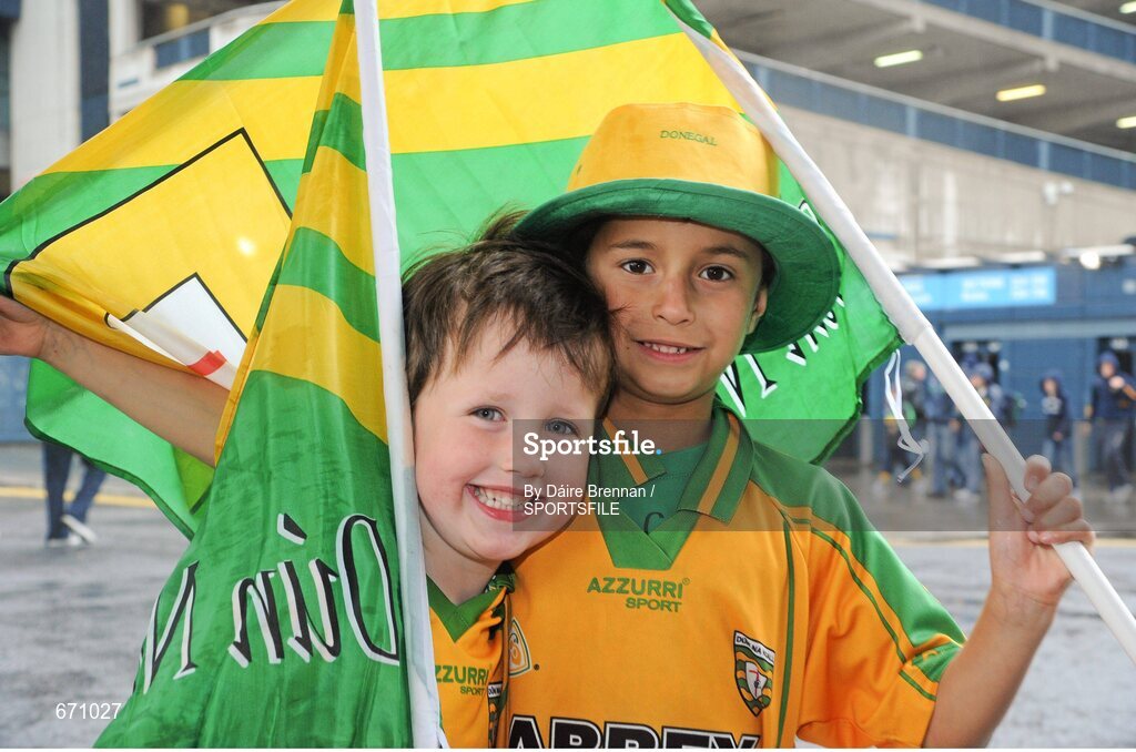 5 August 2012; Donegal supporters Connor Dunne, right, age 7, and his brother Pádraig, age 4, from Letterkenny, Co. Donegal, on their way to the game. GAA Football All-Ireland Senior Championship Quarter-Final, Donegal v Kerry, Croke Park, Dublin. Picture credit: Dáire Brennan / SPORTSFILE