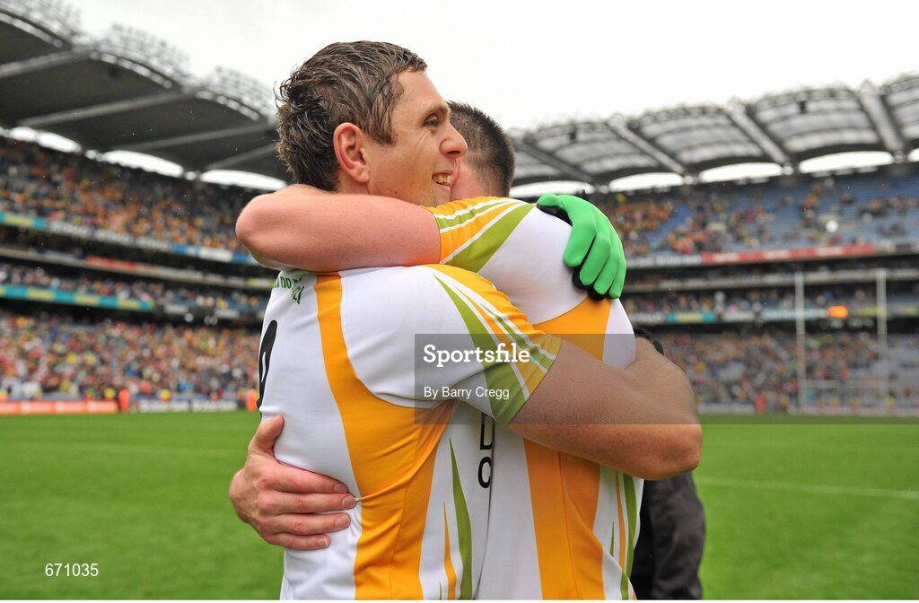 5 August 2012; Donegal players Ryan Bradley, left, and Colm McFadden celebrate victory after the game. GAA Football All-Ireland Senior Championship Quarter-Final, Donegal v Kerry, Croke Park, Dublin. Picture credit: Barry Cregg / SPORTSFILE