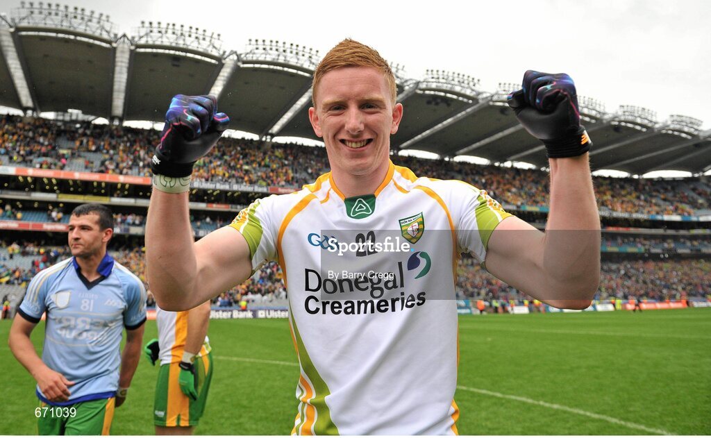 5 August 2012; Daniel McLaughlin, Donegal, celebrates victory after the game. GAA Football All-Ireland Senior Championship Quarter-Final, Donegal v Kerry, Croke Park, Dublin. Picture credit: Barry Cregg / SPORTSFILE