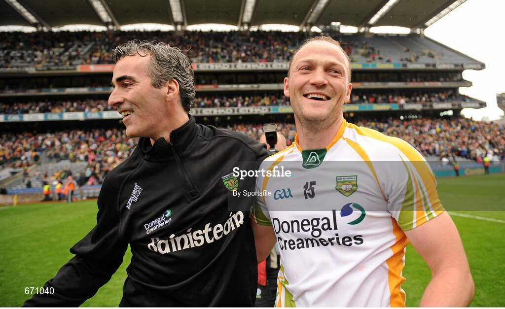 5 August 2012; Donegal manager Jim McGuinness and Colm McFadden celebrate after the game. GAA Football All-Ireland Senior Championship Quarter-Final, Donegal v Kerry, Croke Park, Dublin. Photo by Sportsfile