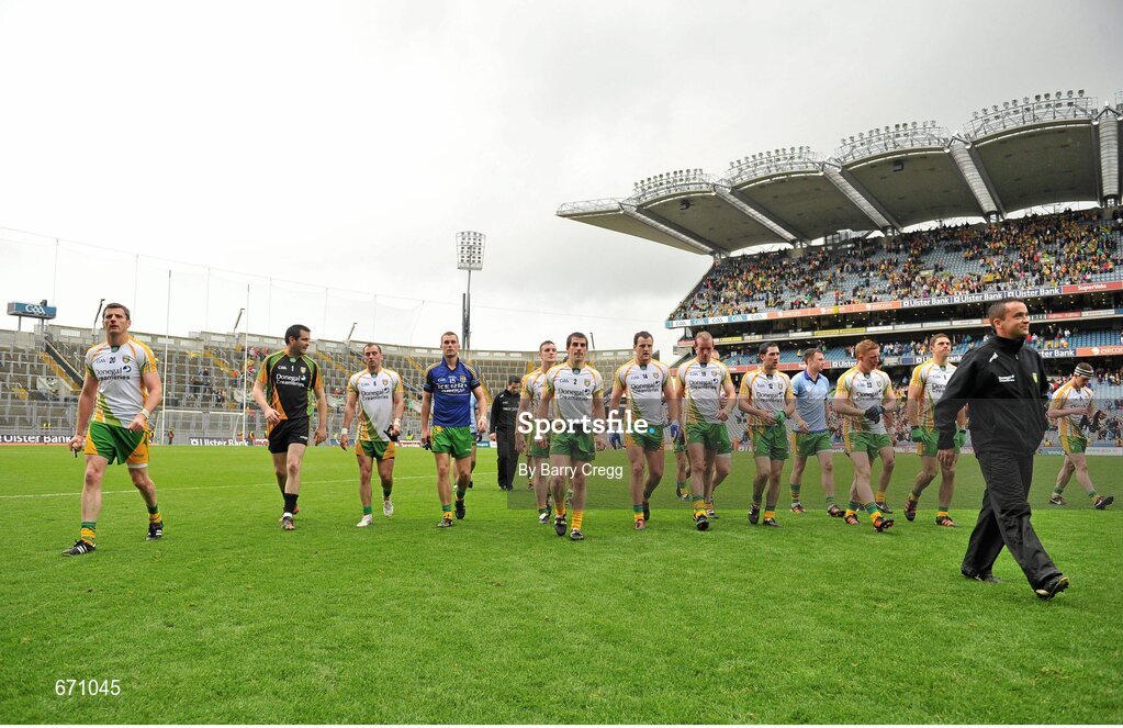 5 August 2012; Donegal players make their way from the pitch after the game. GAA Football All-Ireland Senior Championship Quarter-Final, Donegal v Kerry, Croke Park, Dublin. Picture credit: Barry Cregg / SPORTSFILE