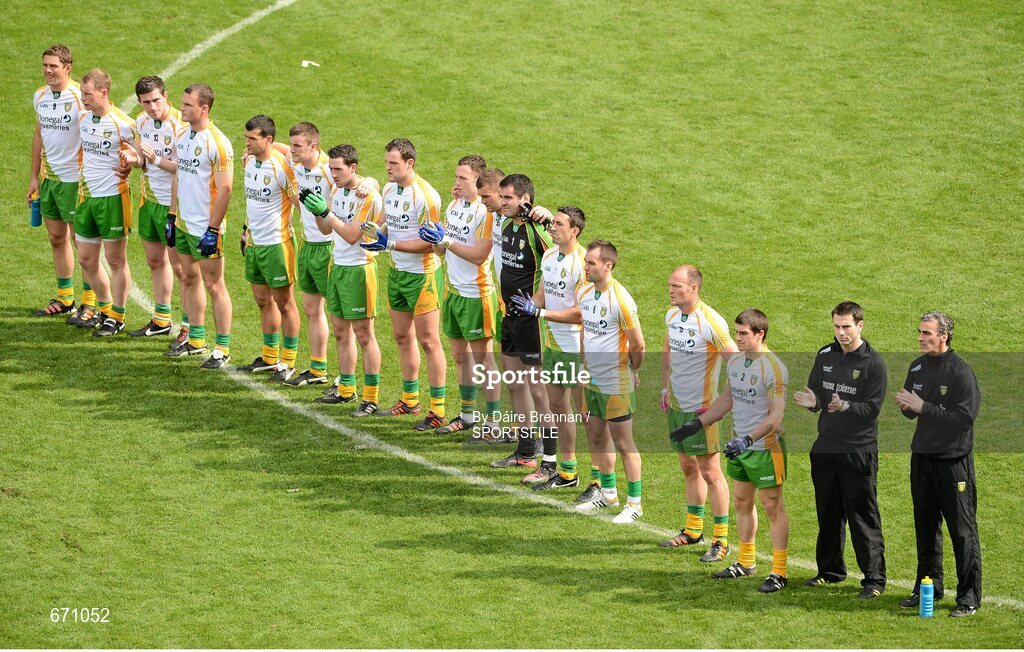5 August 2012; The Donegal team and management stand together before the game. GAA Football All-Ireland Senior Championship Quarter-Final, Donegal v Kerry, Croke Park, Dublin. Picture credit: Dáire Brennan / SPORTSFILE