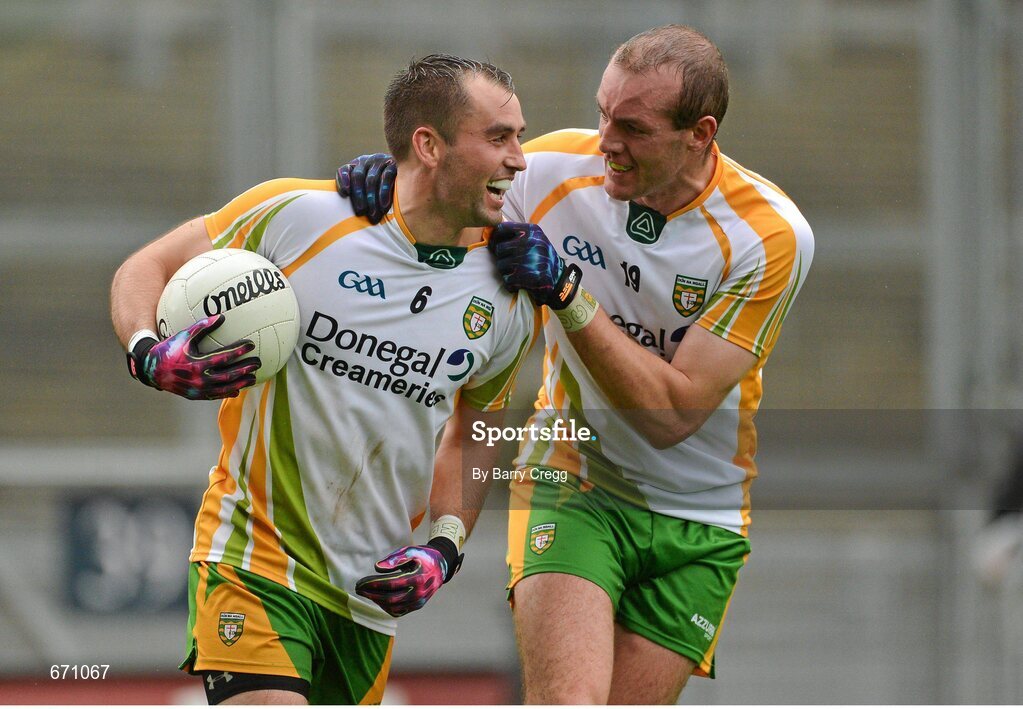 5 August 2012; Donegal players Karl Lacey, left, and Neil Gallagher celebrate victory at the end of the game. GAA Football All-Ireland Senior Championship Quarter-Final, Donegal v Kerry, Croke Park, Dublin. Picture credit: Barry Cregg / SPORTSFILE