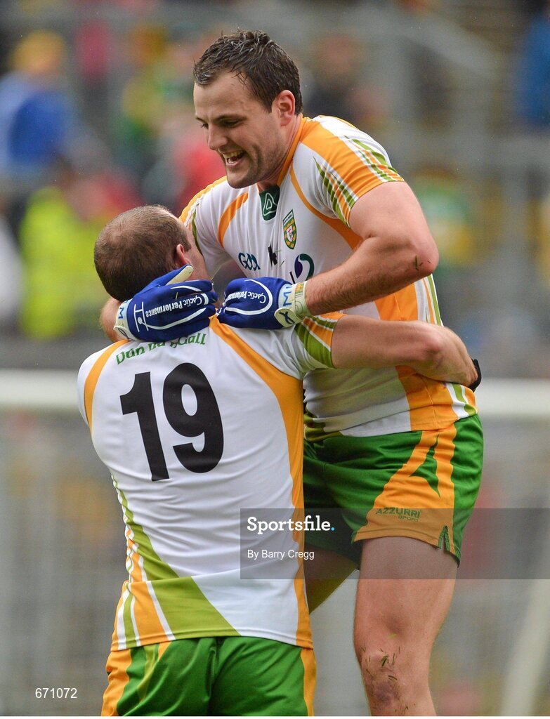 5 August 2012; Donegal player Neil Gallagher, left, and Michael Muphy celebrate victory at the end of the game. GAA Football All-Ireland Senior Championship Quarter-Final, Donegal v Kerry, Croke Park, Dublin. Picture credit: Barry Cregg / SPORTSFILE