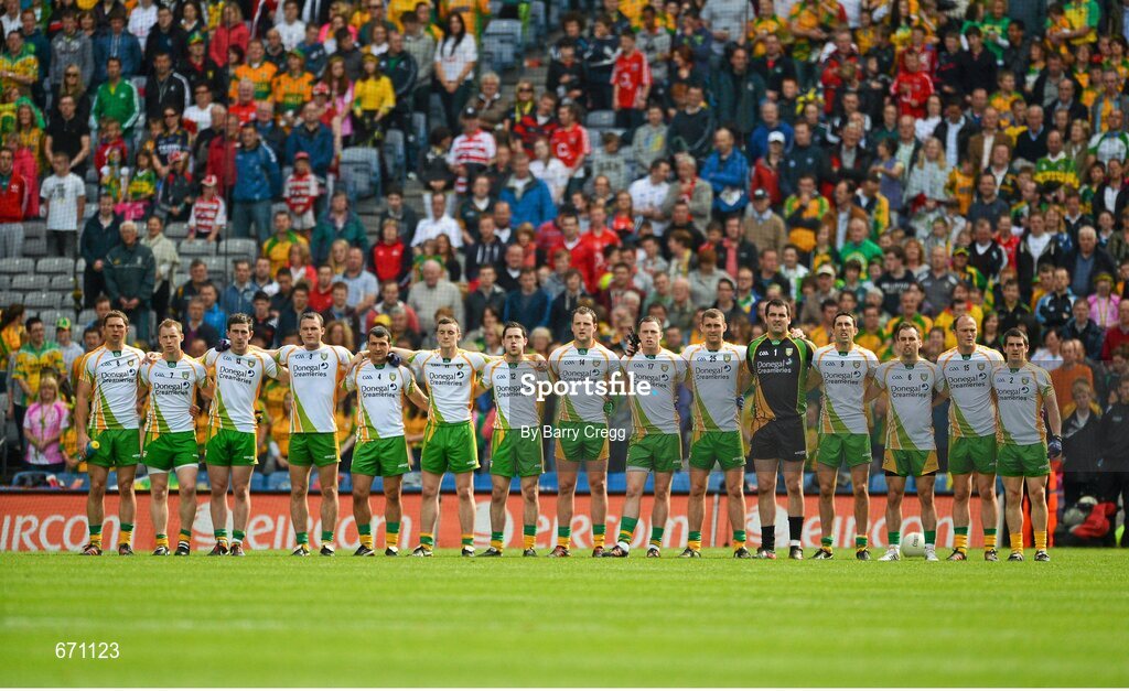 5 August 2012; The Donegal team stand for the National Anthem before the game. GAA Football All-Ireland Senior Championship Quarter-Final, Donegal v Kerry, Croke Park, Dublin. Picture credit: Barry Cregg / SPORTSFILE