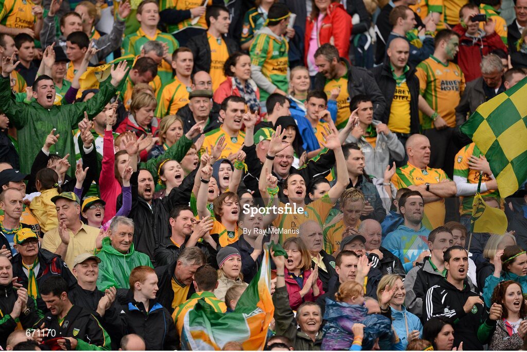 5 August 2012; Donegal supporters, in the Cusack Stand, cheer the team off the field. GAA Football All-Ireland Senior Championship Quarter-Final, Donegal v Kerry, Croke Park, Dublin. Picture credit: Ray McManus / SPORTSFILE