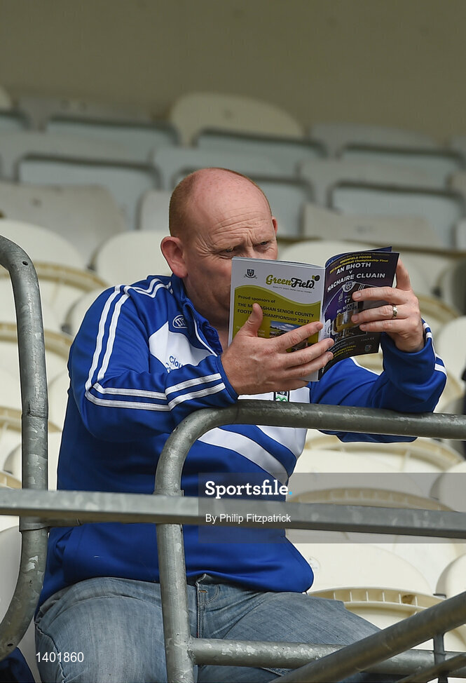 15 October 2017; Dermot Lynch having a look at the match program during the Monaghan County Senior Football Championship Final match between Magheracloone and Scotstown at St Tiernach's Park in Monaghan. Photo by Philip Fitzpatrick/Sportsfile