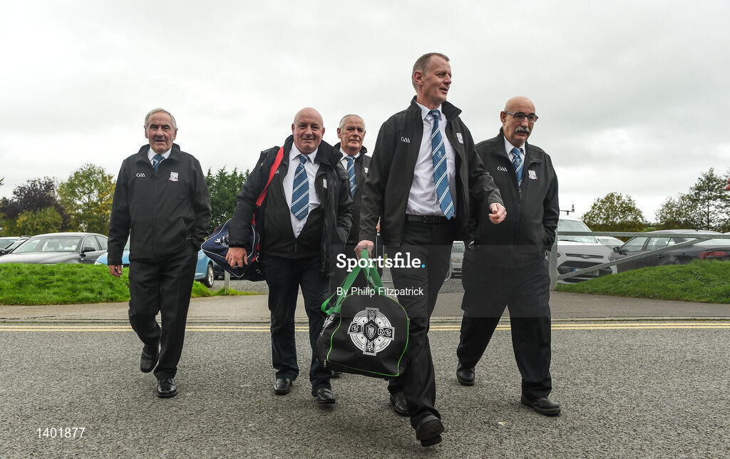 15 October 2017; Referee Xavier Coyle with his umpires arriving for the Monaghan County Senior Football Championship Final match between Magheracloone and Scotstown at St Tiernach's Park in Monaghan. Photo by Philip Fitzpatrick/Sportsfile