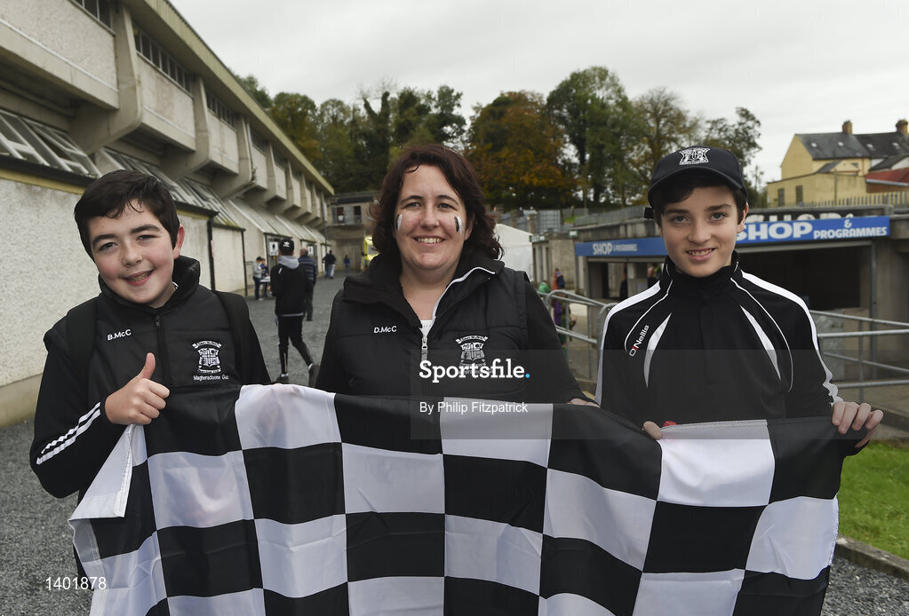 15 October 2017; Magheracloone supporters from left, Adam McConnon with Yvonne McConnon and David Connolly prior to the Monaghan County Senior Football Championship Final match between Magheracloone and Scotstown at St Tiernach's Park in Monaghan. Photo by Philip Fitzpatrick/Sportsfile