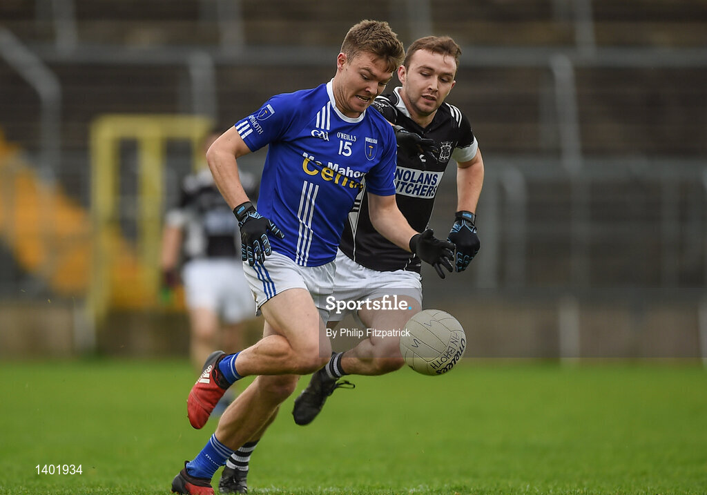15 October 2017; Conor McCarthy of Scotstown in action against Paul McArdle of Magheracloone during the Monaghan County Senior Football Championship Final match between Magheracloone and Scotstown at St Tiernach's Park in Monaghan. Photo by Philip Fitzpatrick/Sportsfile